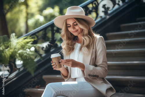 Happy elegant woman holding a smartphone and coffee drinking out
