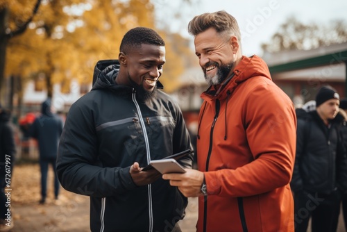Happy male athlete with mentor coach looking at exercise progress in data on tablet. Male athlete with mentor coach talking about exercise progress at gym sport club. © Attasit
