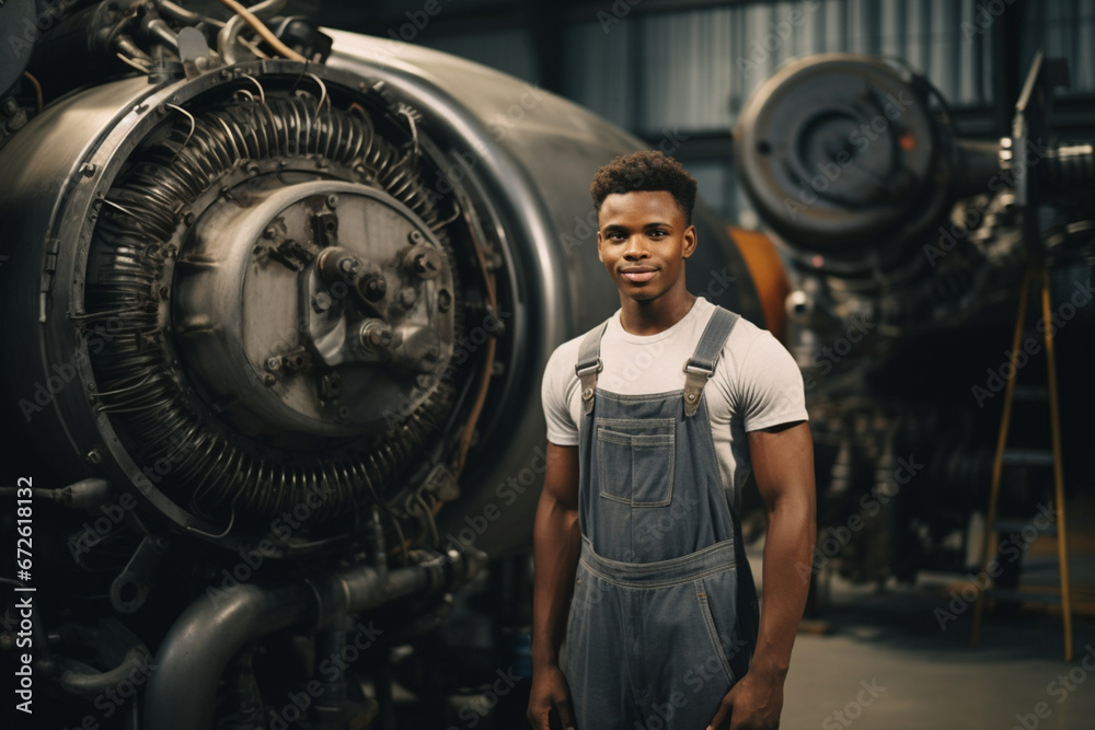 African American mechanic standing near jet and looking at camera, side view