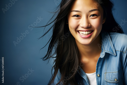 Asian model in denim, close-up, big smile, cold desaturation.