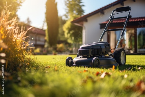 Male and female workers, lawn mowers, working with lawn mowers in the field