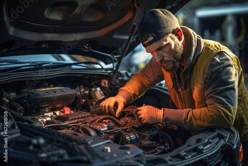 Male mechanic repairs the car engine in garage shop service.