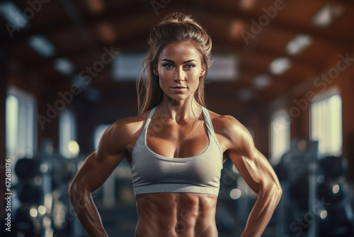 Portrait of strong woman with big muscles in the gym