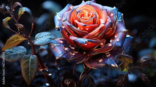 Wonderful fantasy magical bioluminescent rose flowers. Delicate rose flowers glow in the dark 3d wallpaper. Magic crystal rose. Surreal glowing 3D roses. 3D rendering. Generative AI.