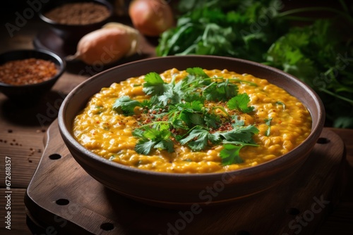 Indian food tarka dal red lentils curry dish on table wood photo