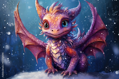 illustration of a cute baby dragon with spread wings in the snow, winter night scene © Dianne