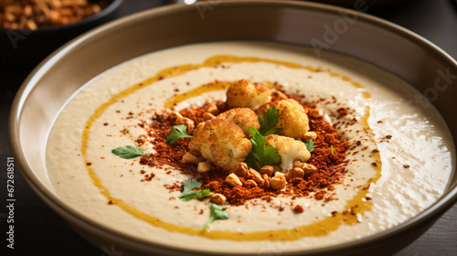 Fried cauliflower soup with chickpeas and dukkha