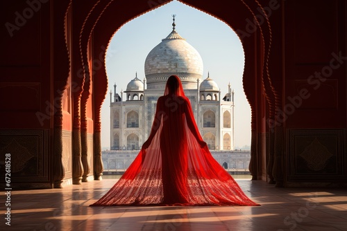 Portrait of young Indian woman model in red sari in Taj Mahal Agra Uttar Pra photo