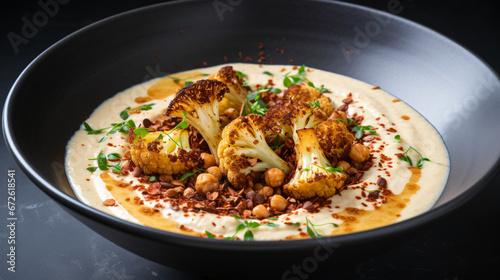 Fried cauliflower soup with chickpeas and dukkha