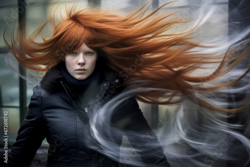 Angry woman with intense gaze and violently styled hair. photo
