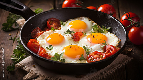 Fried eggs with onion and tomatoes in frying pan