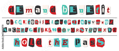 Ransom halftone collage style letters numbers and punctuation marks cut from newspapers and magazines. Vintage ABC collection. Red, black and white alphabet Typography vector illustration