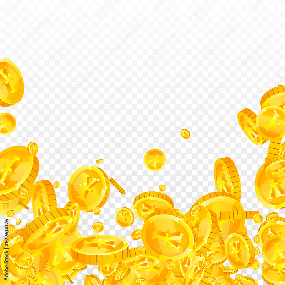 Japanese yen coins falling. Scattered gold JPY Japanese yen coins falling. Scattered gold JPY