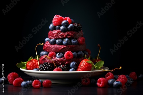 A stack of mixed berries and blueberries on a dark backdrop. Generative AI