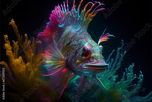 AI generated illustration of vibrant tropical fish swimming amongst coral in underwater environment photo