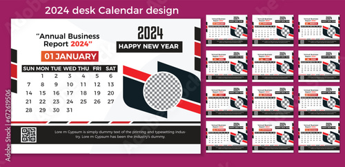 Modern Creative Desk calendar template 2024, Week Starts on Monday.