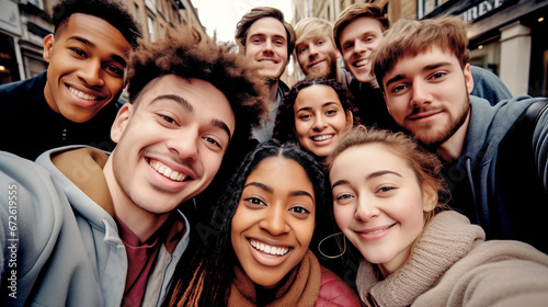 MULTIETHNIC HAPPY GROUP OF YOUNG PEOPLE TAKING SELFIE. legal AI © PETR BABKIN