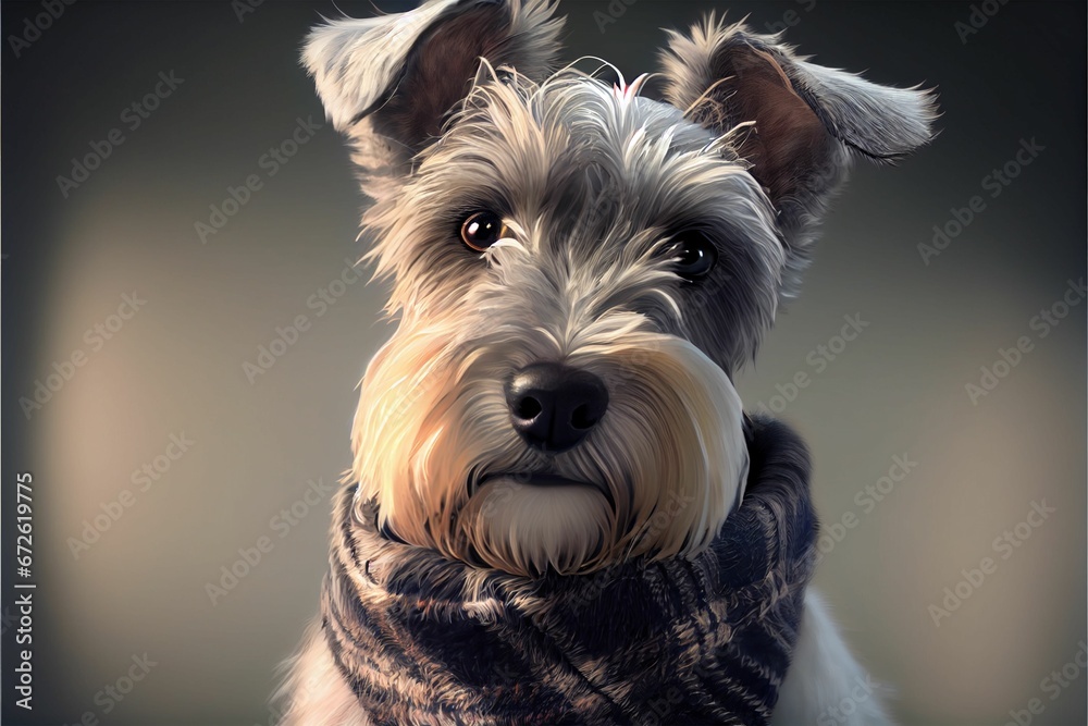 AI generated illustration of canine wearing a scarf around its neck, fur illuminated in soft light