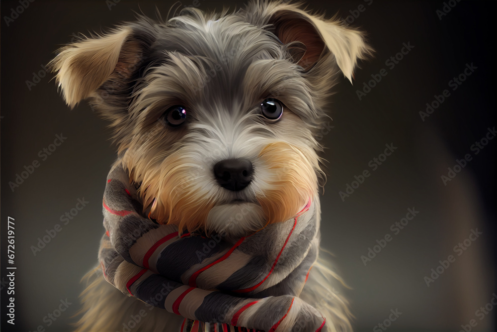 AI generated illustration of a puppy in front of a black background, wearing a scarf around its neck