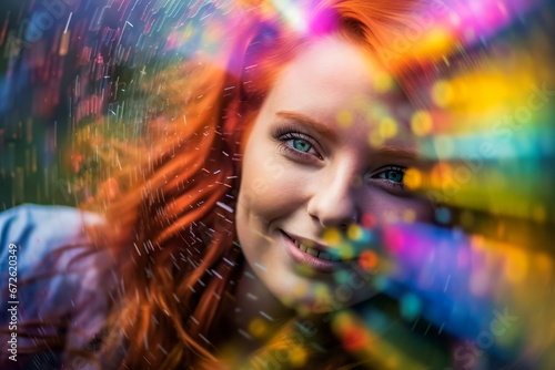 Woman's face in colorful sun reflection, rainbow