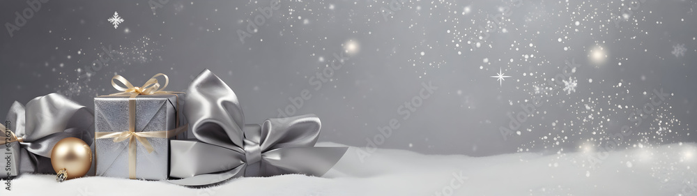 Silver Christmas gifts, balls and decorations in a row on a gold abstract background. Horizontal composition, side view, copyspace. Silver Christmas gifts, balls and decorations in a row on a gold abstract background. Horizontal composition, side view, copyspace.