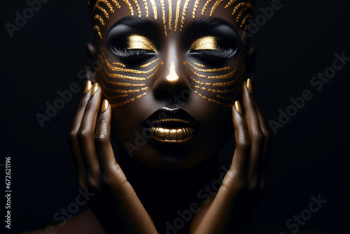 Beauty woman black skin color body art, gold makeup lips eyelids, fingertips nails in gold color paint, Professional gold makeup