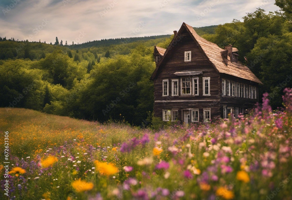 AI generated illustration of an old wooden house in the middle of a field of vibrant wildflowers