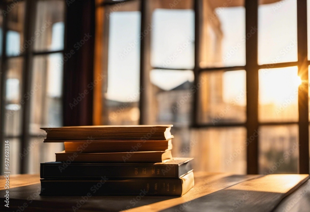 AI generated illustration of a stack of books on a table, with the sun setting in the background AI generated illustration of a stack of books on a table, with the sun setting in the background