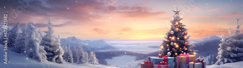 Decorated Christmas tree with colorful lights and gifts in a winter countryside with snow covered surface and trees, mountains in the background and sunset. Horizontal composition.
