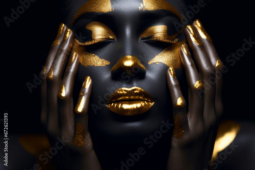 Beauty woman black skin color body art, gold makeup lips eyelids, fingertips nails in gold color paint, Professional gold makeup photo