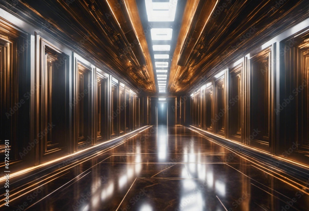 AI generated illustration of A long hallway with bright lighting in a modern building AI generated illustration of A long hallway with bright lighting in a modern building