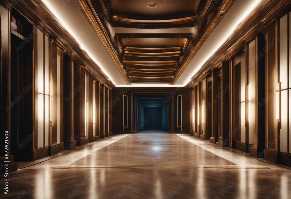 AI generated illustration of A long hallway with bright lighting in a modern building