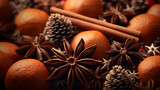 Christmas spices, fruit pieces, baubles, seeds and leaves abstract background. Horizontal composition.