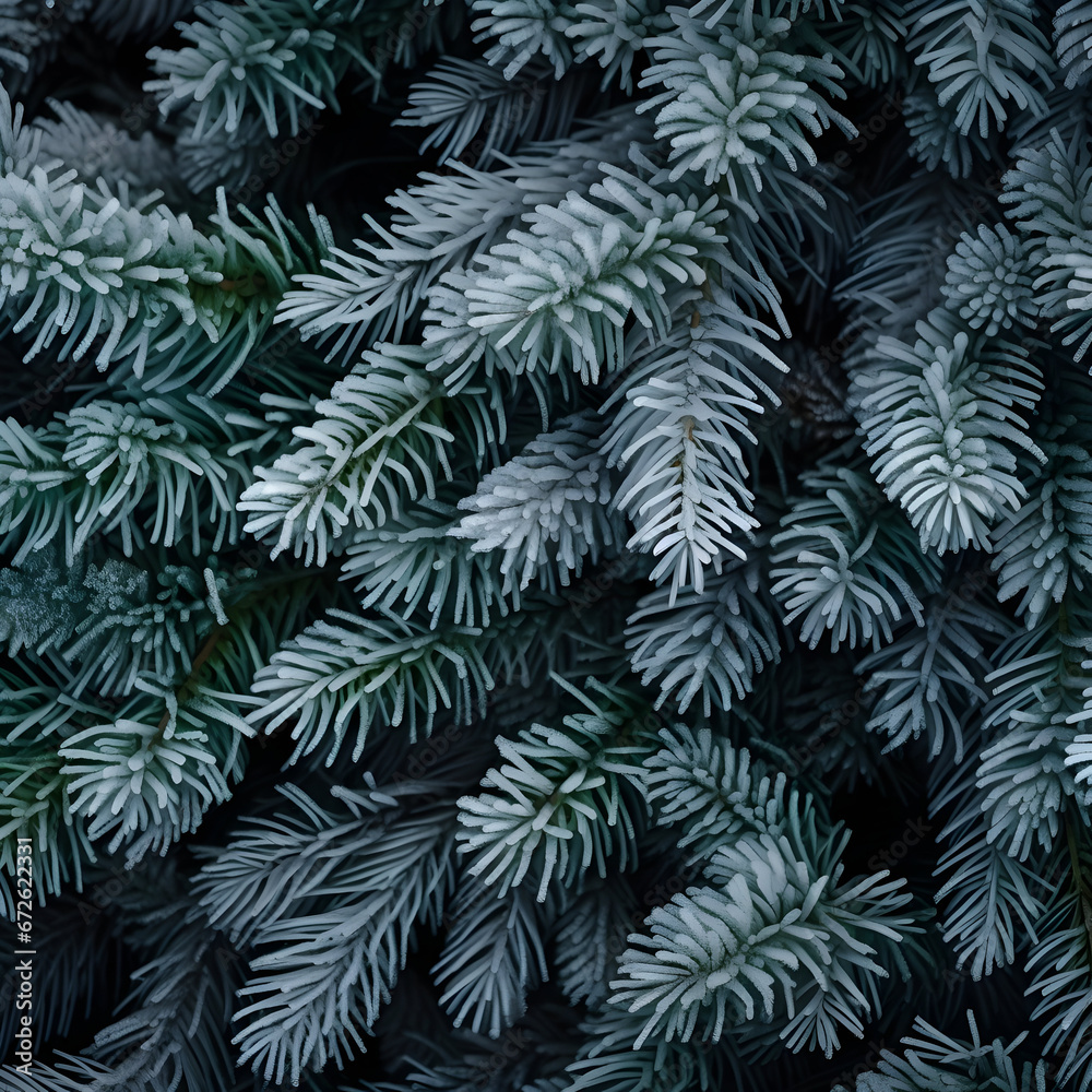 Fir branches covered with frost abstract background. Horizontal composition.