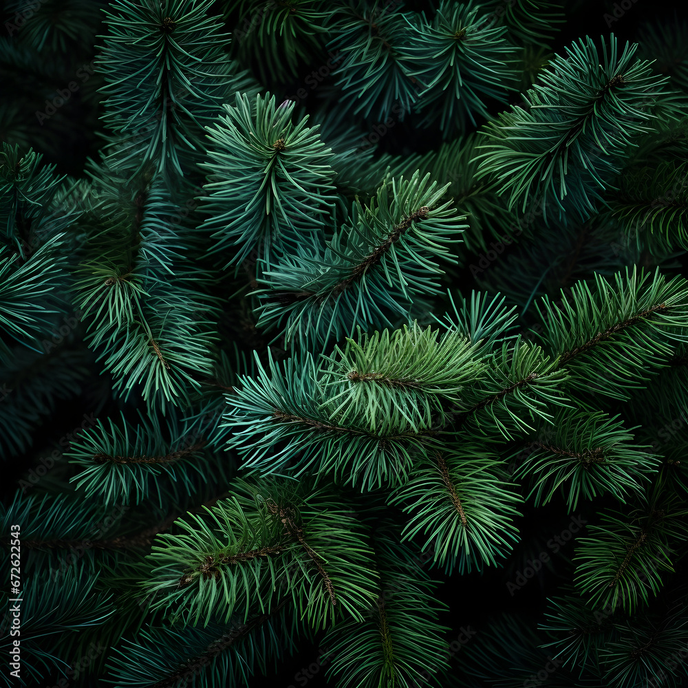 Fir branches green needle abstract background Christmas texture. Square composition.