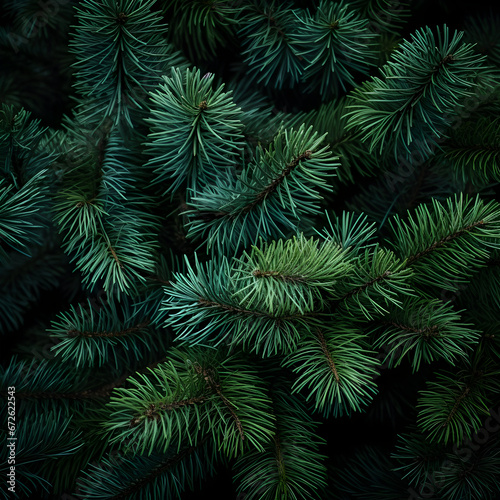 Fir branches green needle abstract background Christmas texture. Square composition.