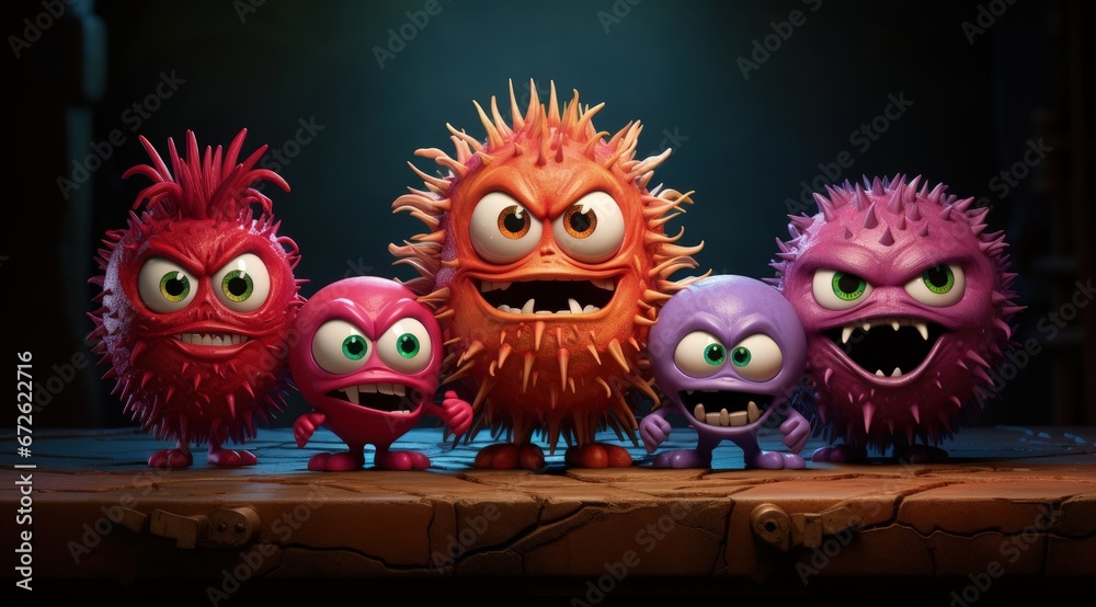 Cartoon characters cute, funny evil viruses, whimsical and infectious, creative and humorous animation of infectious microorganisms in comical and imaginative scenarios.