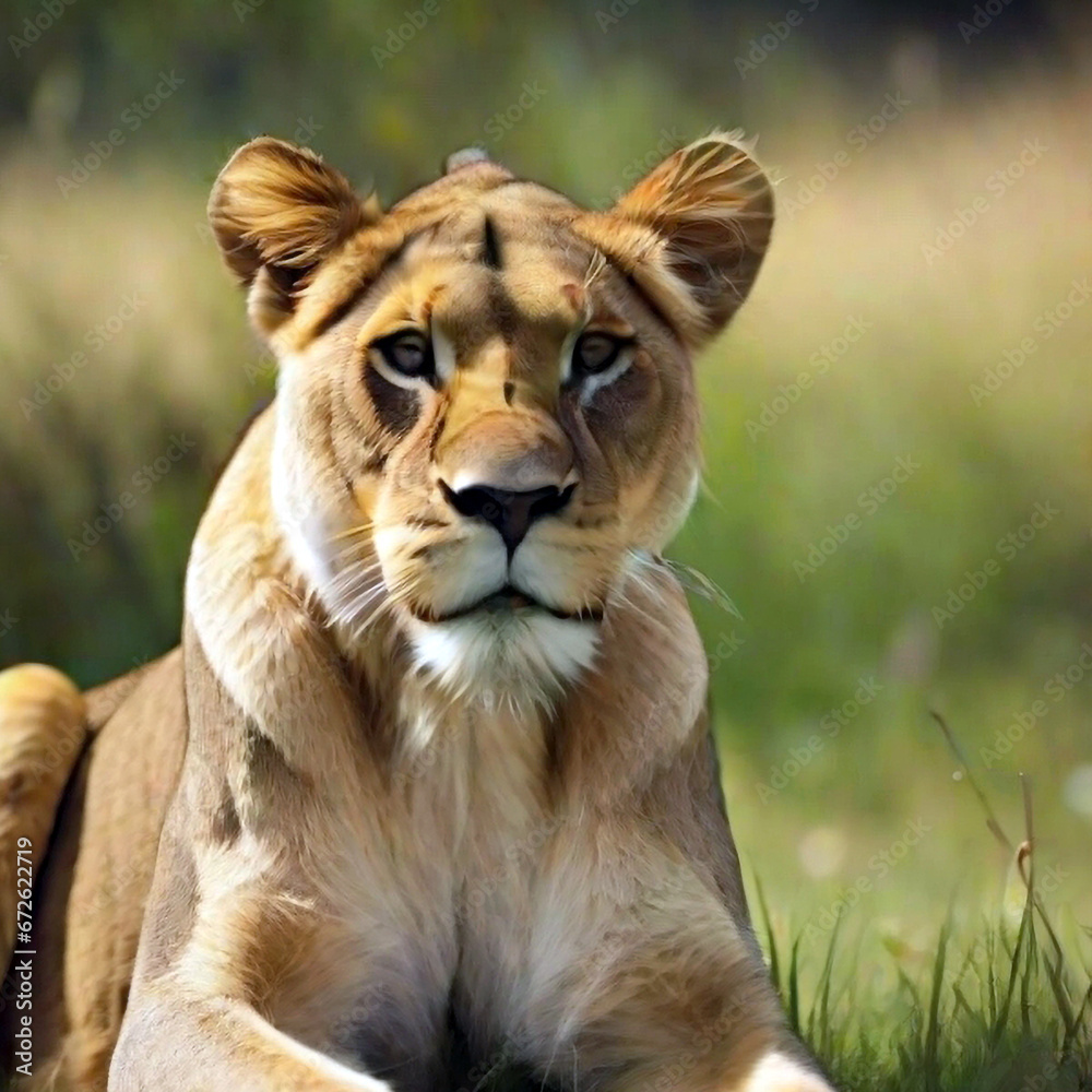 Obraz premium Lioness on the grass. Created using generative AI tools