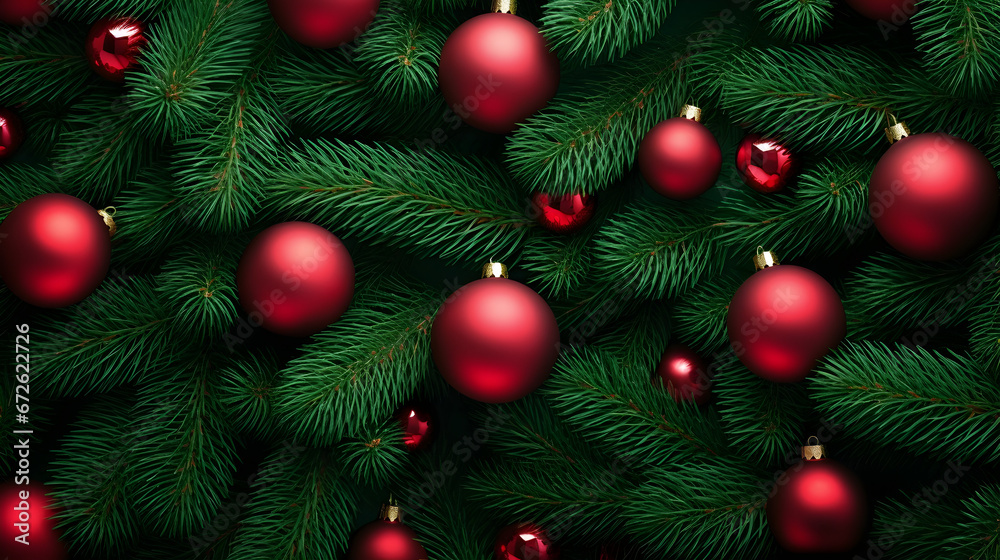 Fir branches and red balls and baubles green needle abstract background Christmas texture. Horizontal composition. Fir branches and red balls and baubles green needle abstract background Christmas texture. Horizontal composition.