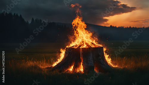 A burning tree stump in a grassy field surrounded by a forest showcases the transformative power of fire in nature's beauty.