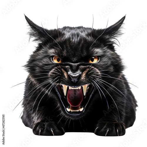 Hissing Black Cat Isolated on Transparent or White Background, PNG photo