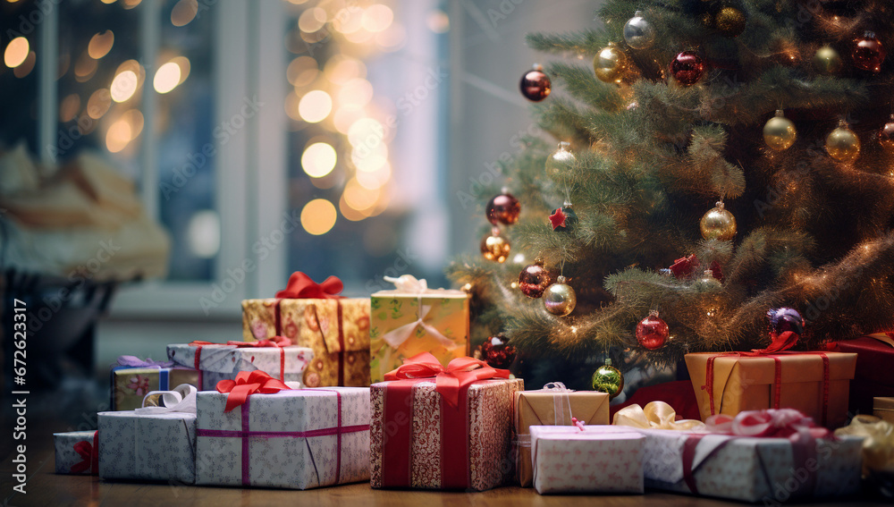 Festive Christmas tree with colorful gift boxes and bokeh lights, copy space. Holiday background with gifts