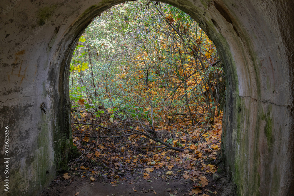 exit from the abandoned tunnel of the concrete fortification of the First World War, forts-fortresses