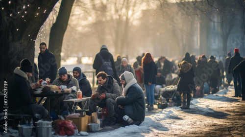 Positive homeless people sitting at a table in a noisy cafeteria, in a homeless park, surrounded by other people. Christmas, poverty and hunger concept. photo