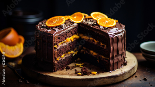 Vegan chocolate orange cake with a crispy base slice.