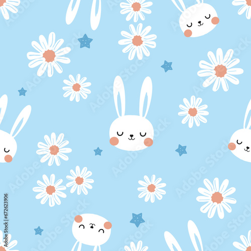 Seamless pattern with bunny rabbit, daisy flower and star on blue background vector illustration. 