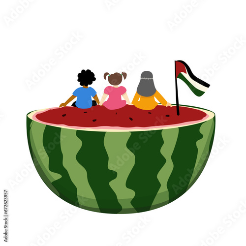 Illustration children with watermelon, stand with palestine