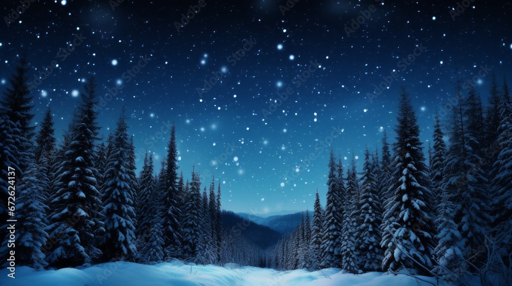 Winter forest with snow, sky and stars at night. Christmas and New Year concept.
