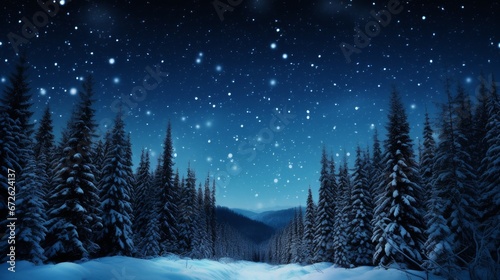 Winter forest with snow, sky and stars at night. Christmas and New Year concept.