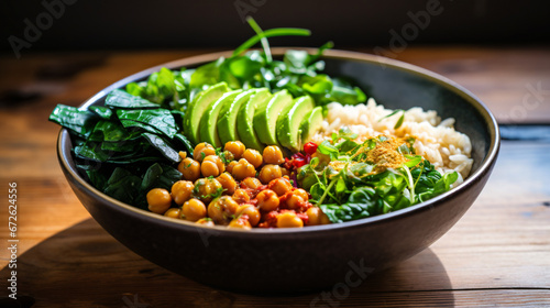 Vegan lunch bowl with rice chickpeas.